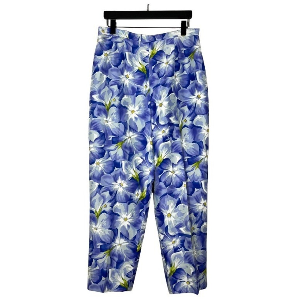 Adrianna Papell  Blue Floral 100% Silk Straight Leg Dress Pants Sz 16 Lined Vtg